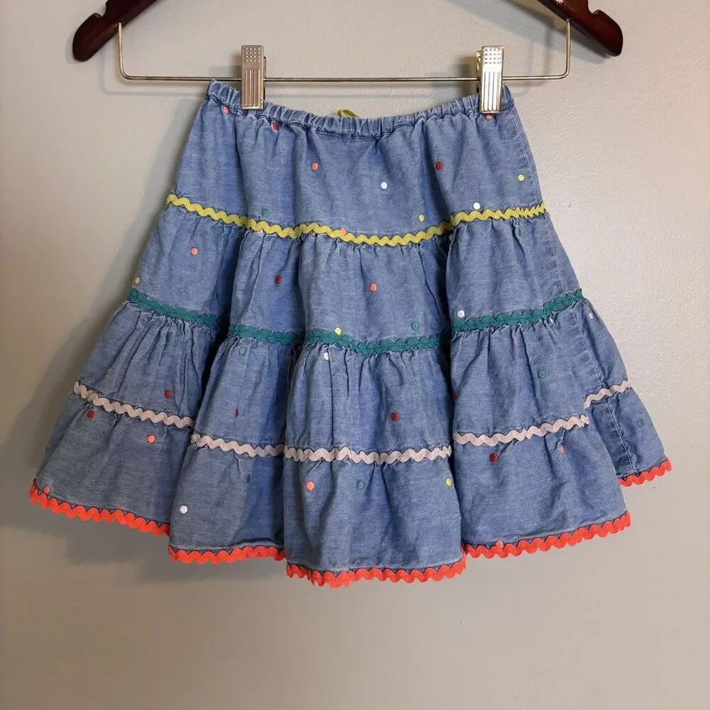 Mini Boden Denim Tiered Twirl Skirt Girls Size 3-4 Whimsy Colorful Boho Western